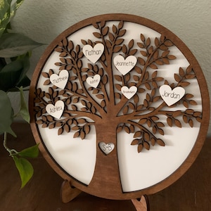 Könnte beinhalten: Ein Familienbaum aus Holz mit Namen, die auf Herzen geschrieben sind. Die Namen sind Nathan, Jeannette, Brooklyn, Jordan, Ashton, Matthew und Ashley. Die Basis des Baumes sagt "S+B".
