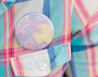 Vaporwave Great Wave Pins Buttons, Pastel Goth, Estetica giapponese, Kawaii, Arte giapponese Kanagawa Wave, Cyberpunk Anime Lovers