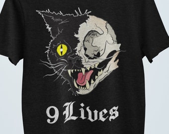May include: Black t-shirt with a graphic of a black cat with a skull for half of its face. The text "9 Lives" is printed below the graphic.