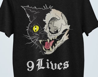 Creepy Cat "9 Lives" Witchy Halloween Satanic Clothing, Witch Cat, Occult, Skull Pastel Goth Gift T-shirt