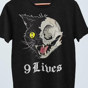 Creepy Cat "9 Lives" Witchy Halloween Satanic Clothing, Witch Cat, Occult, Skull Pastel Goth Gift T-shirt