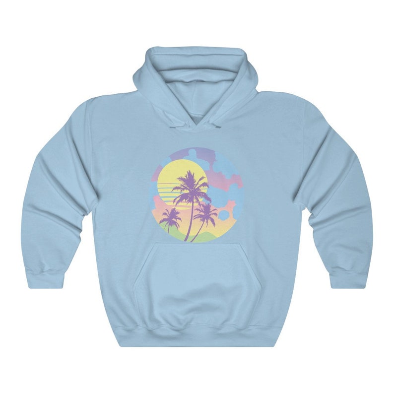 May include: A light blue hooded sweatshirt with a graphic of a sunset with palm trees in pastel colors.