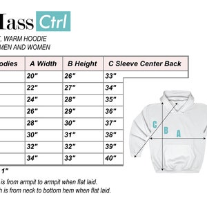May include: Size chart for hoodies with measurements in inches for width, height, and sleeve length. The chart shows sizes from S to 5X. The chart also includes a diagram of a hoodie with labels for width, height, and sleeve length.