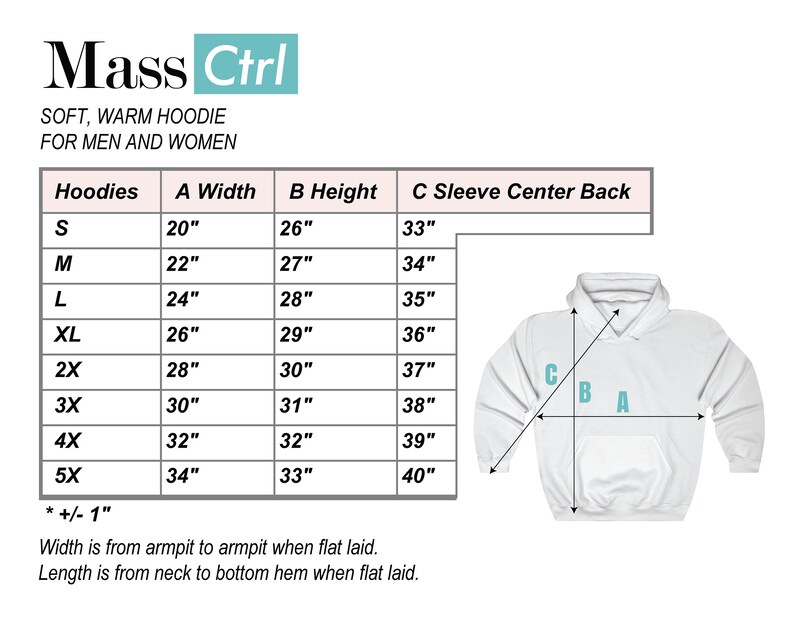 May include: Size chart for hoodies with measurements in inches for width, height, and sleeve length. The chart shows sizes from S to 5X. The chart also includes a diagram of a hoodie with labels for width, height, and sleeve length.