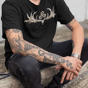 Irish Elk Skull T-Shirt: Pagan Celtic Triple Spiral Design