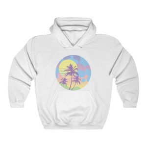 May include: White hoodie with a pastel colored graphic of palm trees and a sunset on a circle.