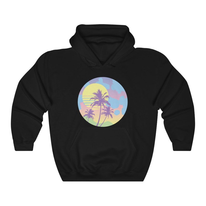 May include: Black hooded sweatshirt with a graphic of a sunset with palm trees in a circle. The sunset is in pastel colors of pink, blue, yellow, and green.
