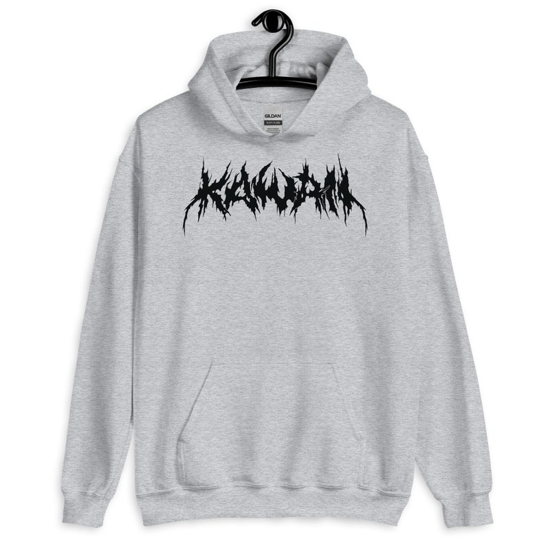 May include: A gray hooded sweatshirt with a black graphic print of the word "KILLUMINATI" in a stylized metal font.