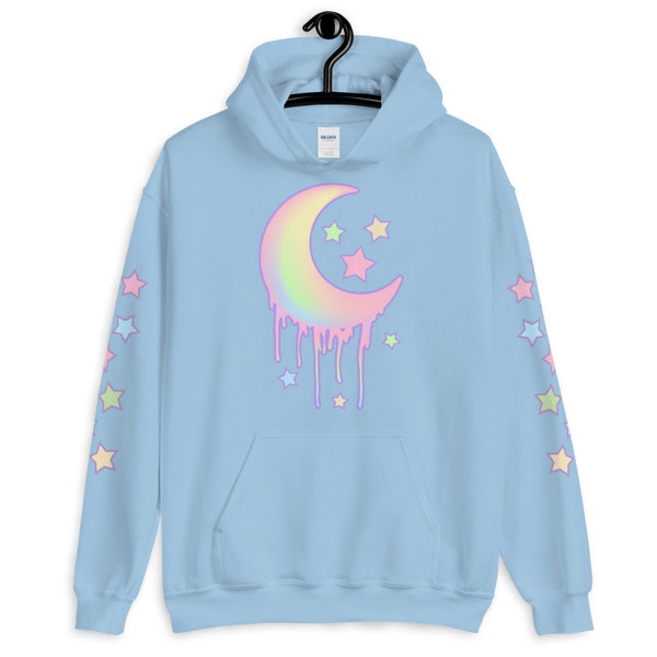 Trippy Pastel Moon Hoodie, Yume Kawaii Sweater, Pastel Goth, Harajuku Aesthetic, Fairy Kei With Matching Star Sleeve Prints