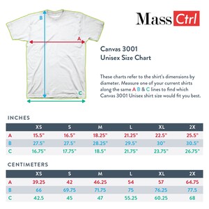 May include: A size chart for Canvas 3001 unisex shirts, showing measurements in inches and centimeters for sizes XS to 2X. The chart includes measurements for the width of the shirt (A), the length of the shirt (B), and the width of the sleeve (C).