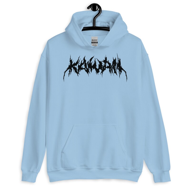 May include: A light blue hoodie with a black graphic of the word "KALIFORNIA" in a stylized metal font.