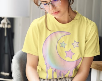 Pastel Crescent Moon and Stars Aesthetic Soft T Shirt, Goth Birthday Gift, Kawaii Fashion, Cute Trippy, Tee for Guys or Girls Unisex Style