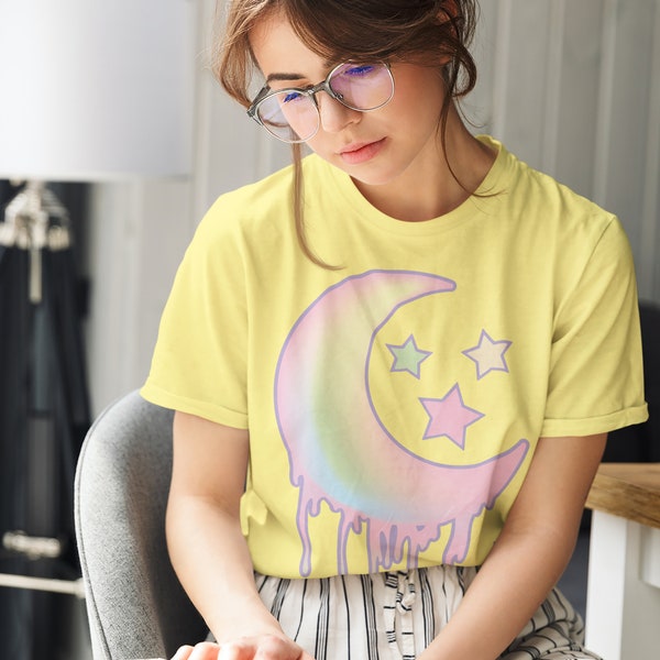 Pastel Crescent Moon and Stars Aesthetic Soft T Shirt, Goth Birthday Gift, Kawaii Fashion, Cute Trippy, Tee for Guys or Girls Unisex Style