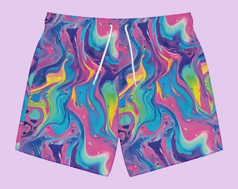 Trippy Holographic Swim Trunks: Liquid Art Beachwear