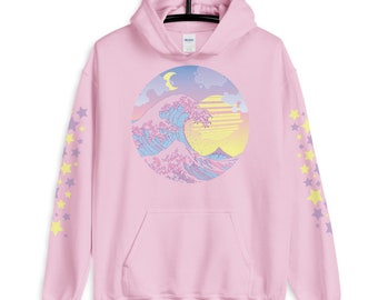 Vaporwave, Pastel Goth, Japanese Aesthetic, Kawaii, The Great Wave, Japanese Kanagawa Wave Art, Cyberpunk Anime Lovers, Unisex Hoodie