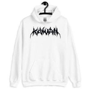 May include: White hooded sweatshirt with a black graphic of the word "KILLUMINATI" in a jagged, metal font.