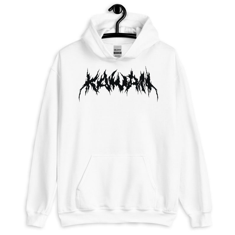 May include: White hooded sweatshirt with a black graphic of the word "KILLUMINATI" in a jagged, metal font.