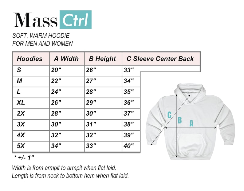May include: Size chart for hoodies with measurements in inches for width, height, and sleeve length. The chart shows sizes from S to 5X. The chart also includes a diagram of a hoodie with labels for width, height, and sleeve length.