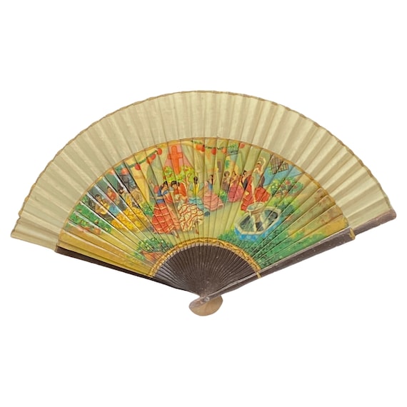 Antique Spanish Fan Folding Painted Wood and Line… - image 1