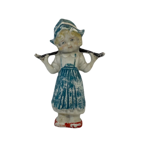 Antique Bisque Dutch Girl Figurine Water Milk Maiden Carrying A Yoke with no Buckets Aqua Blue White Made in Japan