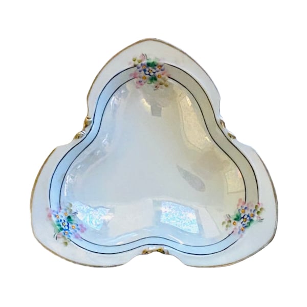 1920s Herman Ohme Pearl Luster Trefoil Triangle Porcelain Dish With Silver Trim Nut Candy Dish Relish