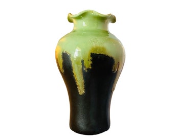 VTG Drip Glaze Pottery Vase  Mid Century Green Brown Earth Tone Hand Thrown Ceramic Vase Decor