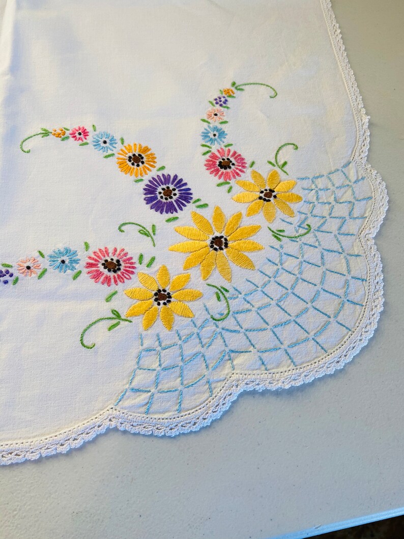 Large Vintage Linen Tablecloth Rectangle Embroidered Floral Etsy