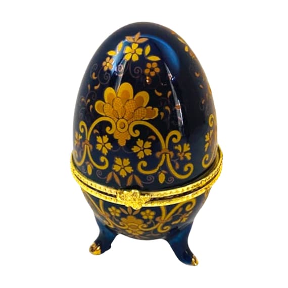 VTG Hinged Egg Box Cobalt Blue Floral Porcelain S… - image 1