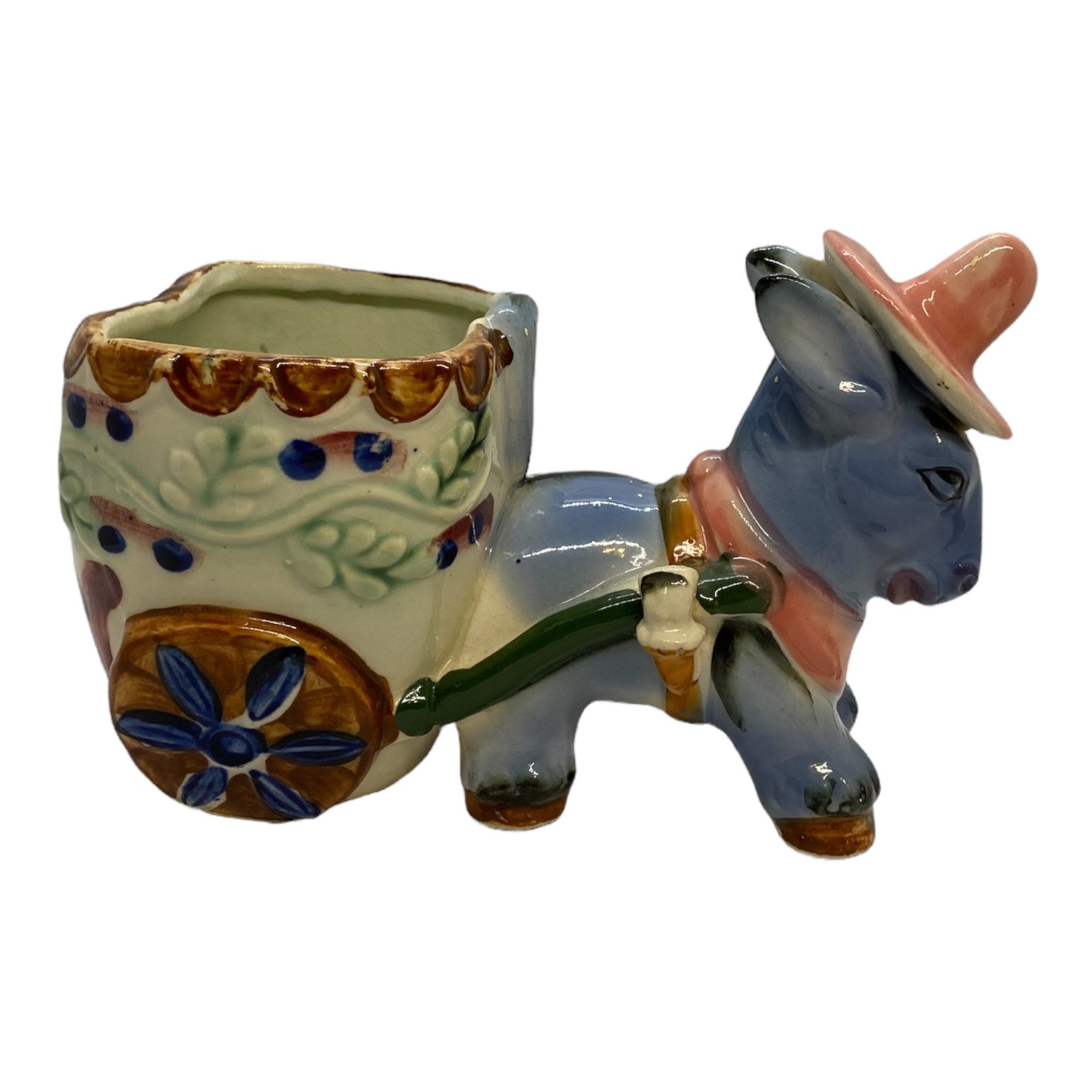 やきものはっち 鉢 1940s Japan Donkey and Cart Planter Ceramic Burro in Hat