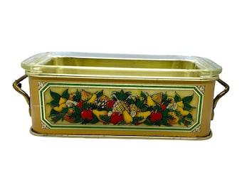 1980s Teleflora Fruit Harvest Pyrex 1 1/2 Quart Casserole Dish and Metal Carrier Made England