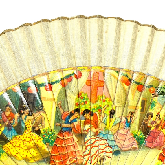 Antique Spanish Fan Folding Painted Wood and Line… - image 3