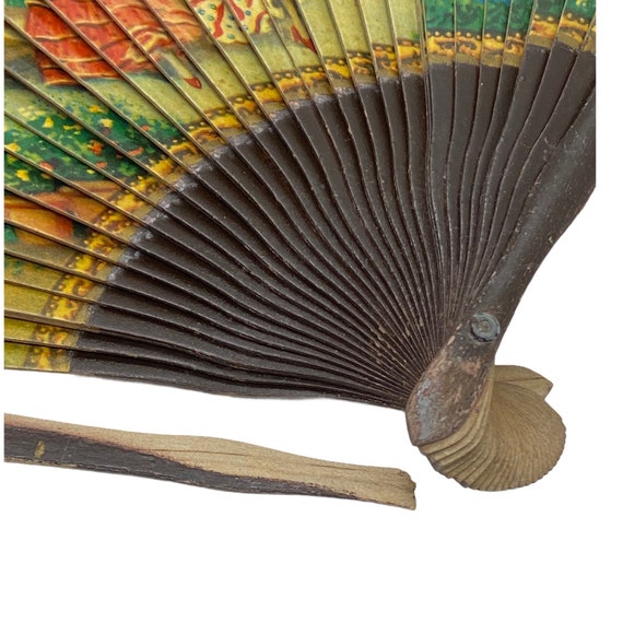 Antique Spanish Fan Folding Painted Wood and Line… - image 9