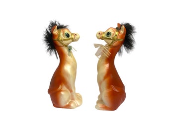 Mid Century Ceramic Donkey Figurines with Rabbit Fur Manes - Long Neck - Anthropomorphic Eyes - Vintage Kitsch Home Decor