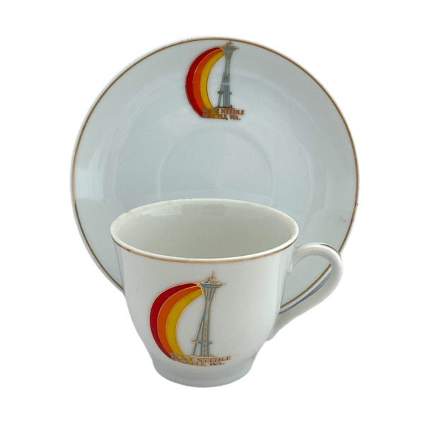 VTG Seattle Demitasse Tea Cup and Saucer Space Needle Rainbow Pride Washington State Souvenir Collectible