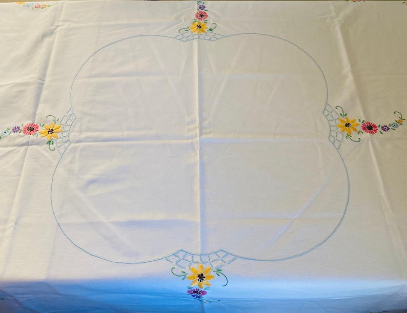 Large Vintage Linen Tablecloth Rectangle Embroidered Floral Etsy