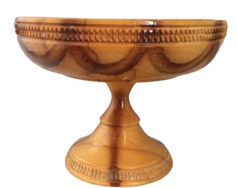 VTG Wooden Fruit Bowl Mid Century Standing Wood Bowl with Pedestal Carved Decorative Turned Wood Inlay Stenciled
