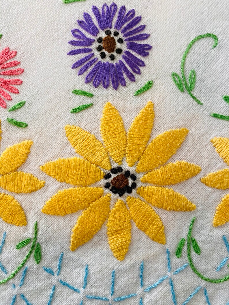 Large Vintage Linen Tablecloth Rectangle Embroidered Floral Etsy