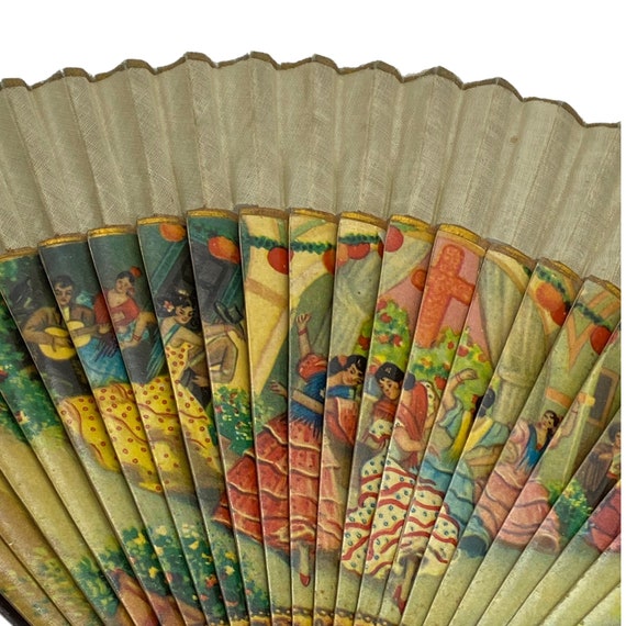 Antique Spanish Fan Folding Painted Wood and Line… - image 2