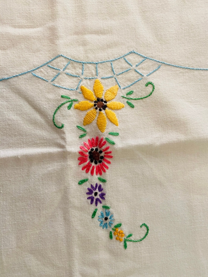 Large Vintage Linen Tablecloth Rectangle Embroidered Floral Etsy