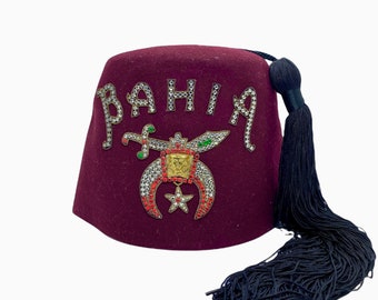 1970s Harry M. Osers Co. Jeweled Shriners Bahia Fez Hat Vintage with Tassel. Leather brow band. Marked sz. 7 1/8.  Masonic