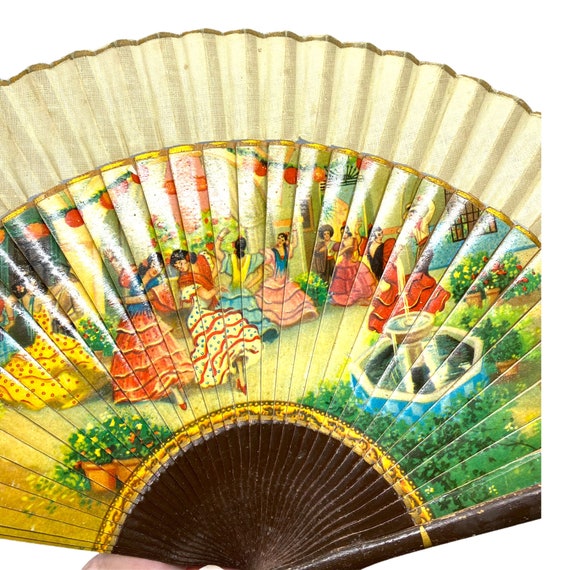 Antique Spanish Fan Folding Painted Wood and Line… - image 6