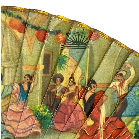 Antique Spanish Fan Folding Painted Wood and Line… - image 5