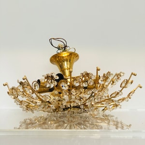 Gilt Brass & Crystal Flower Chandelier from Palwa, 1960s
