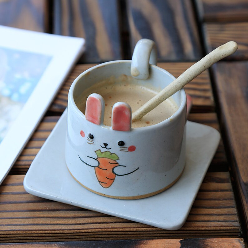 A set of rabbit mug/Hand Painted Mug/Handmade Mug/Cute Etsy