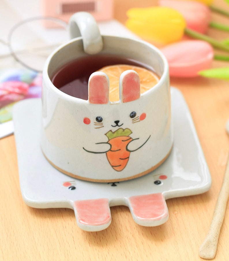 A set of rabbit mug/Hand Painted Mug/Handmade Mug/Cute Etsy