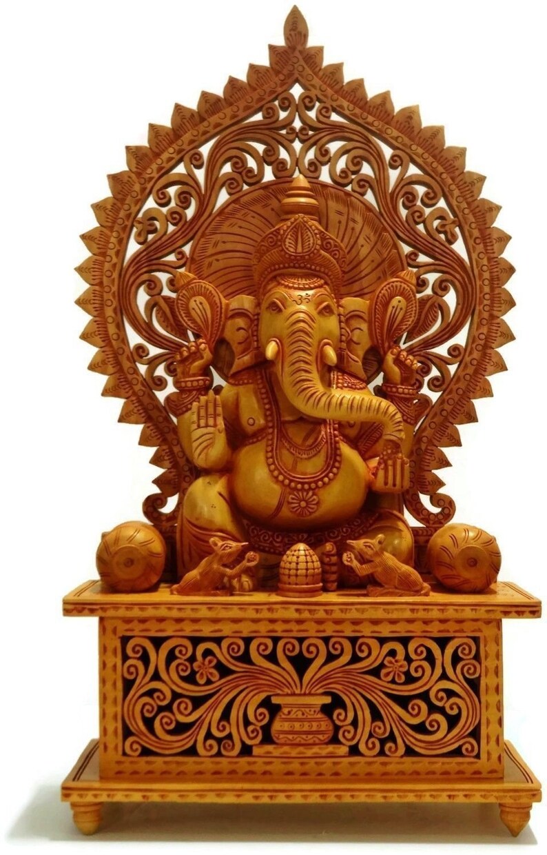 Large Wooden Ganesh Ganesha Statue Idol Intricately Hand Etsy