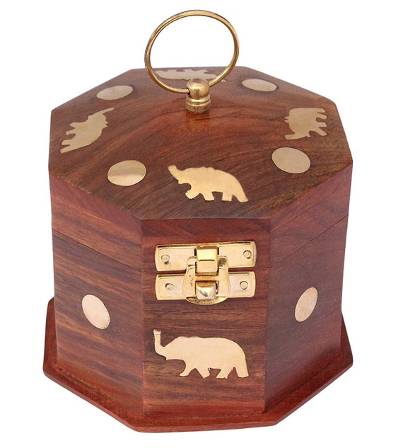 Wooden Keepsake Box Jewelry Trinket Storage Organizer Handmade Elephant Motif