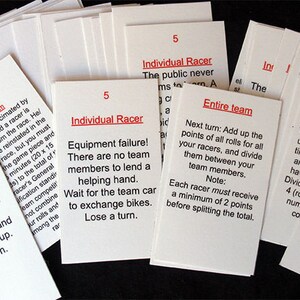 Pu&ograve; includere: Un set di carte bianche con testo rosso, ogni carta contiene una regola diversa per un gioco da tavolo. Le regole sono per i corridori individuali e per l'intera squadra. Alcune delle regole includono un guasto dell'attrezzatura, un incidente e la somma dei punti di tutti i corridori.