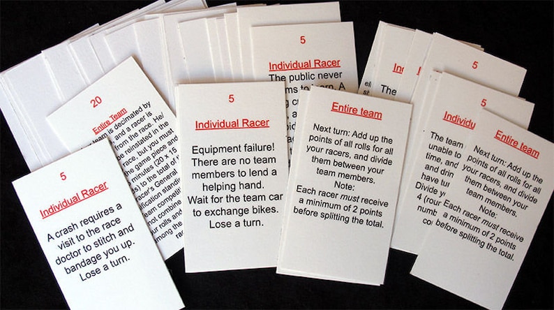 Pu&ograve; includere: Un set di carte bianche con testo rosso, ogni carta contiene una regola diversa per un gioco da tavolo. Le regole sono per i corridori individuali e per l'intera squadra. Alcune delle regole includono un guasto dell'attrezzatura, un incidente e la somma dei punti di tutti i corridori.