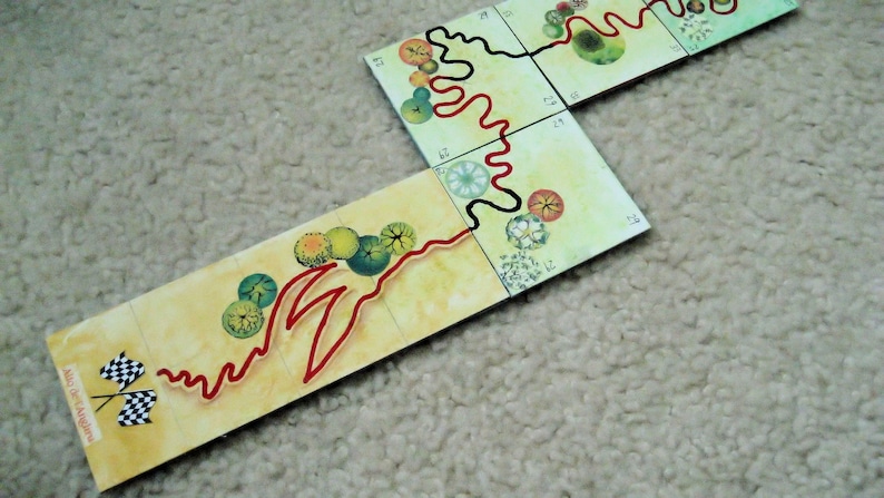 Pu&ograve; includere: Un tabellone da gioco con un percorso rosso e nero che si snoda attraverso una serie di tessere. Le tessere presentano illustrazioni di alberi e fiori. Il testo "Make the Magic Happen" &egrave; visibile sul tabellone.